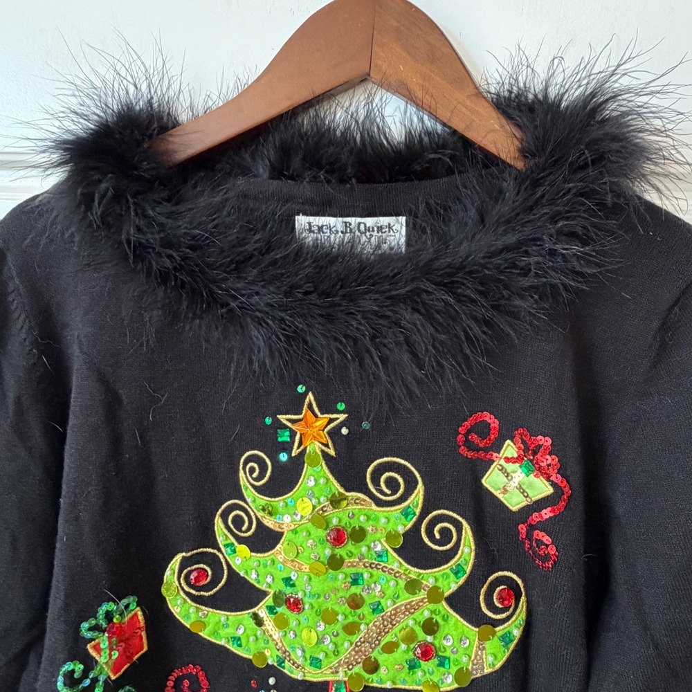 VTG Jack B Quick Black Sequin Christmas Tree Sweater Faux Fur Trim Medium Y2K - Picture 3 of 8